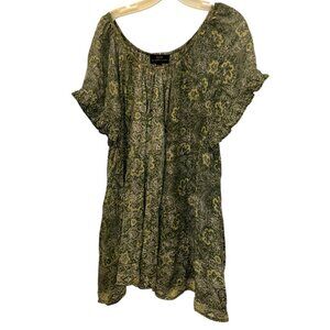 Natalie Martin 100% SILK green batik floral print tunic top/dress M/L